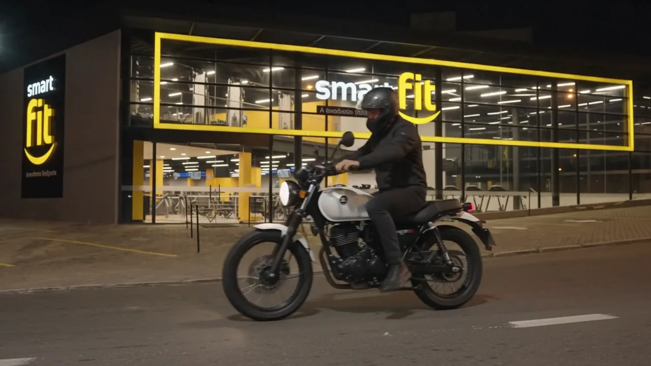 Motociclistas passando diante de uma academia à noite